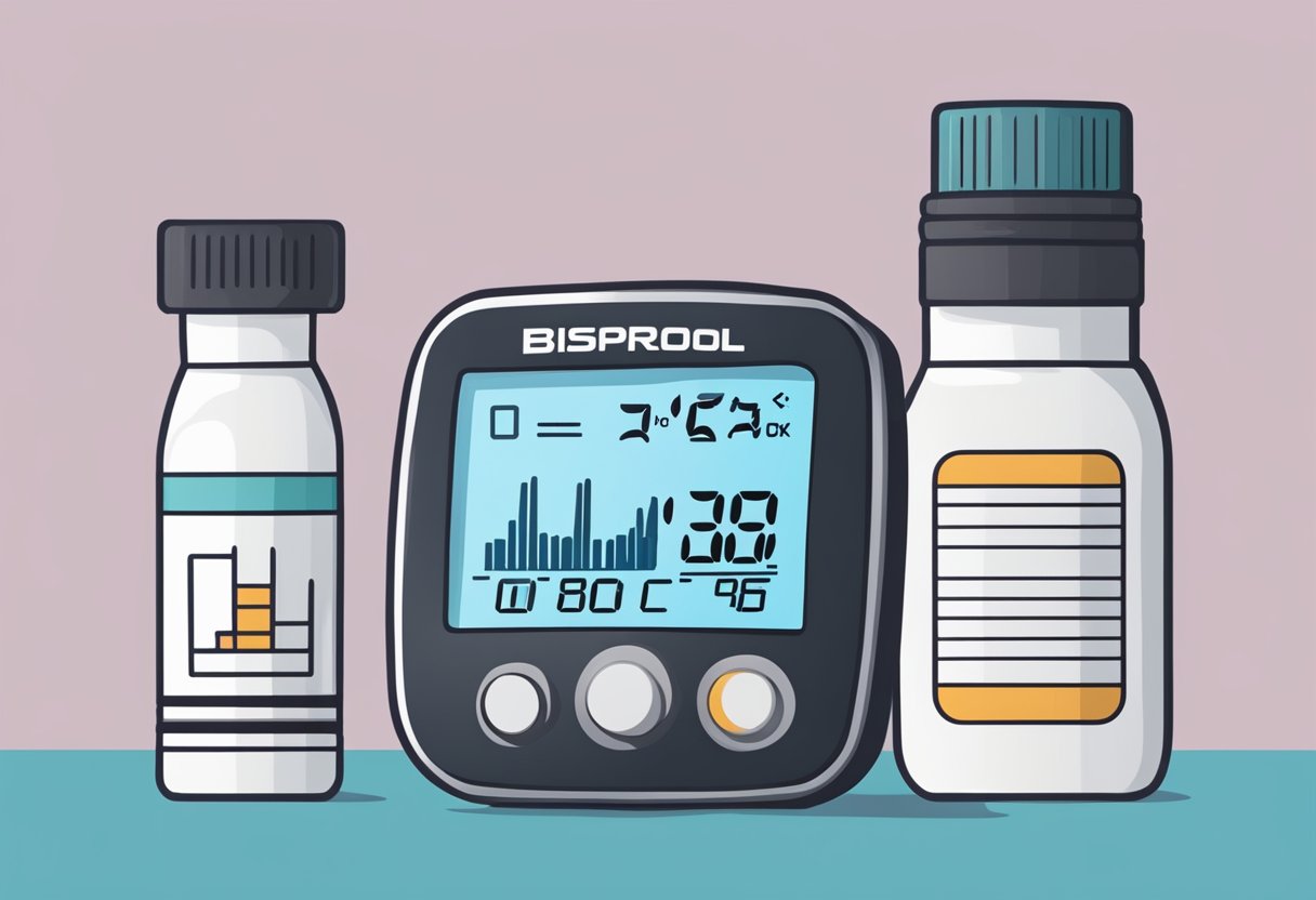 A heart rate monitor displays a low reading next to a bottle of bisoprolol