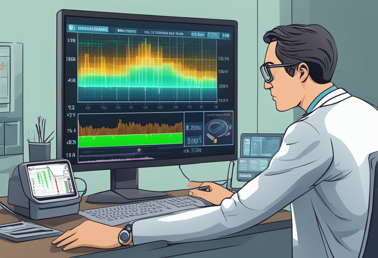A heart rate monitor displays a steady, consistent pulse. A doctor observes the monitor, adjusting medication as needed