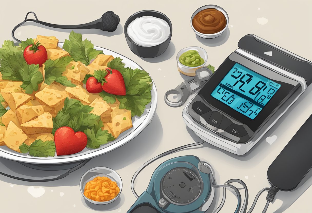 A table with salty foods and a heart rate monitor nearby