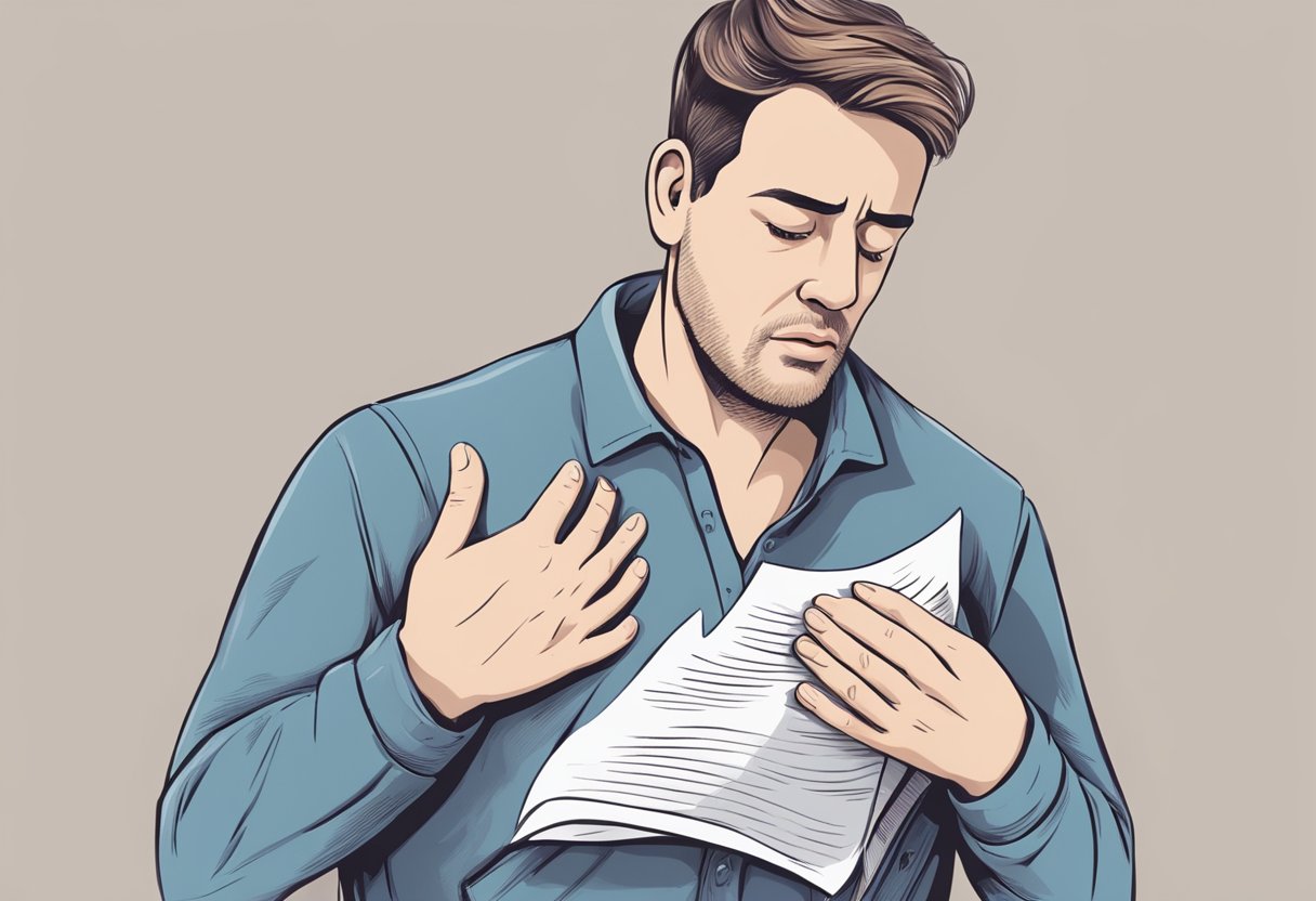 A person clutching their chest in pain, with a worried expression on their face, while reading a list of "Frequently Asked Questions: Is back pain a sign of heart attack?"