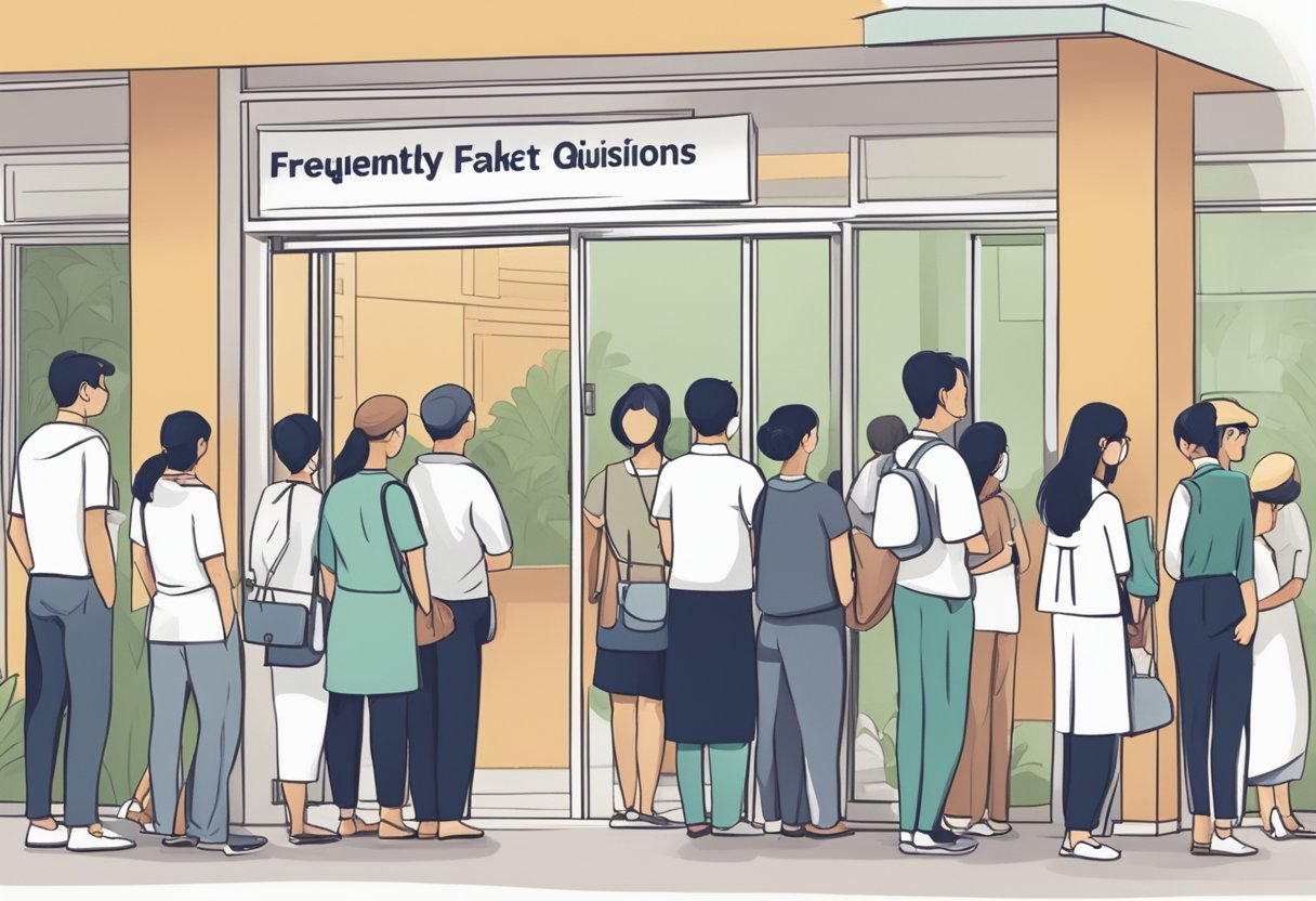 A group of people waiting in line at a heart screening clinic in Singapore, with a prominent sign displaying "Frequently Asked Questions" above the entrance