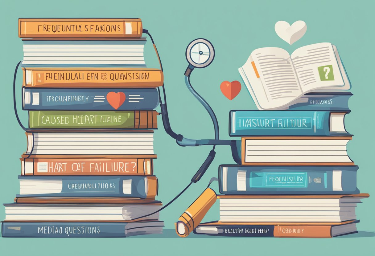 A stack of medical books with "Frequently Asked Questions: Causes of Heart Failure" on top