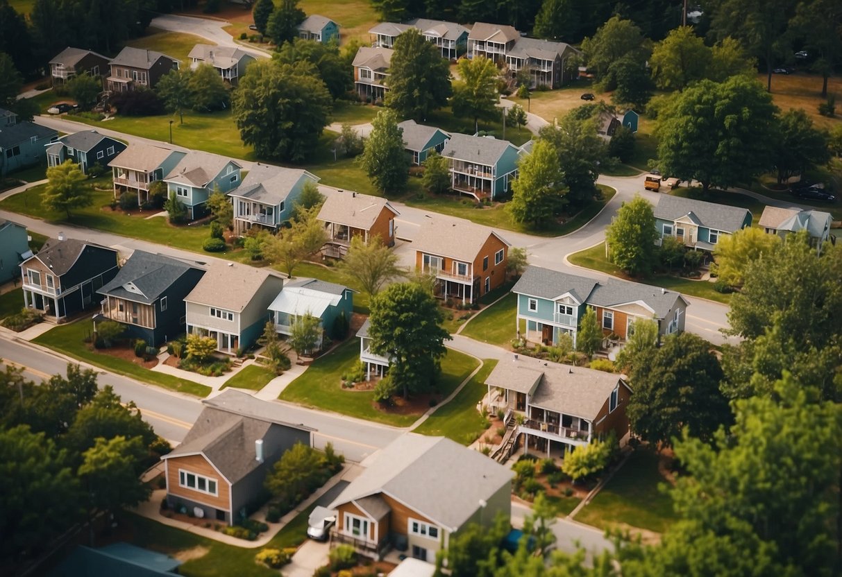 Aerial view of clustered tiny homes in Virginia Beach, surrounded by greenery and communal spaces