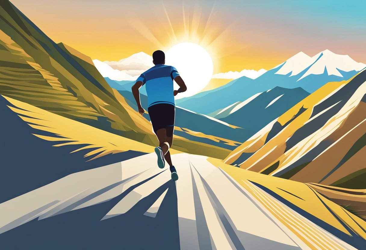 A person running uphill with a steep incline, surrounded by mountains and a bright, sunny sky