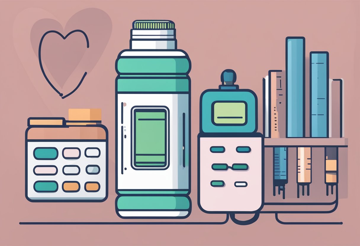 A pill bottle of bisoprolol next to a heart rate monitor showing a low reading