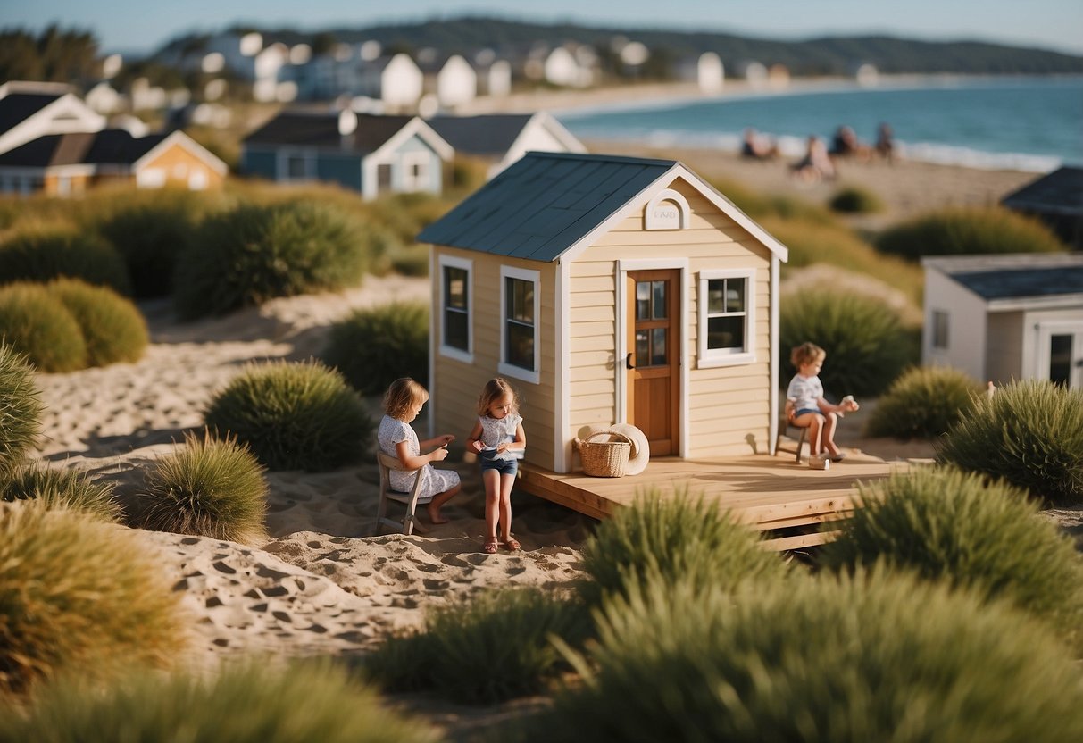 People enjoying outdoor activities in a tiny home community, with a beach in the background