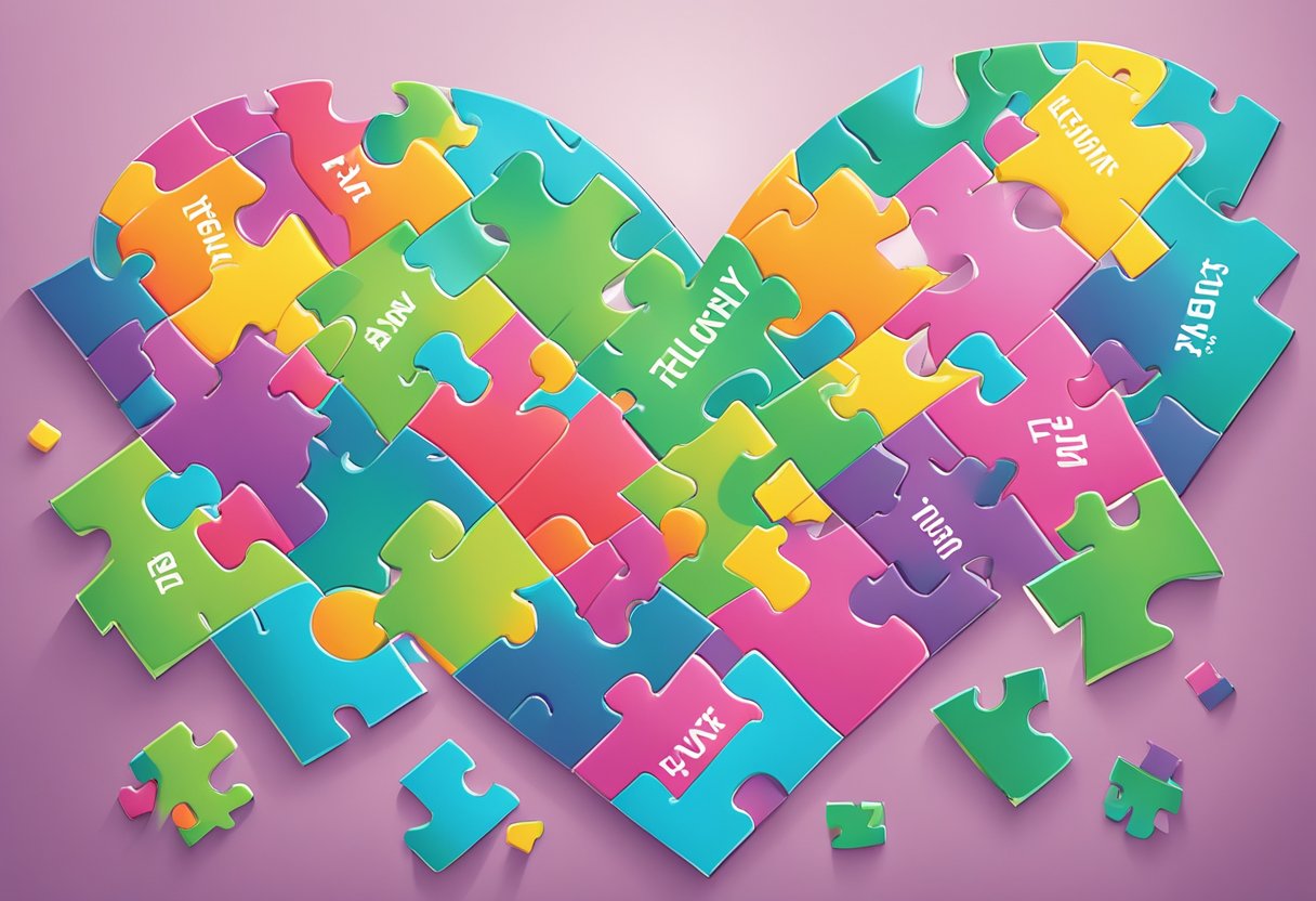 A heart-shaped puzzle being completed with the words "Frequently Asked Questions heart failure recovery" written on each piece