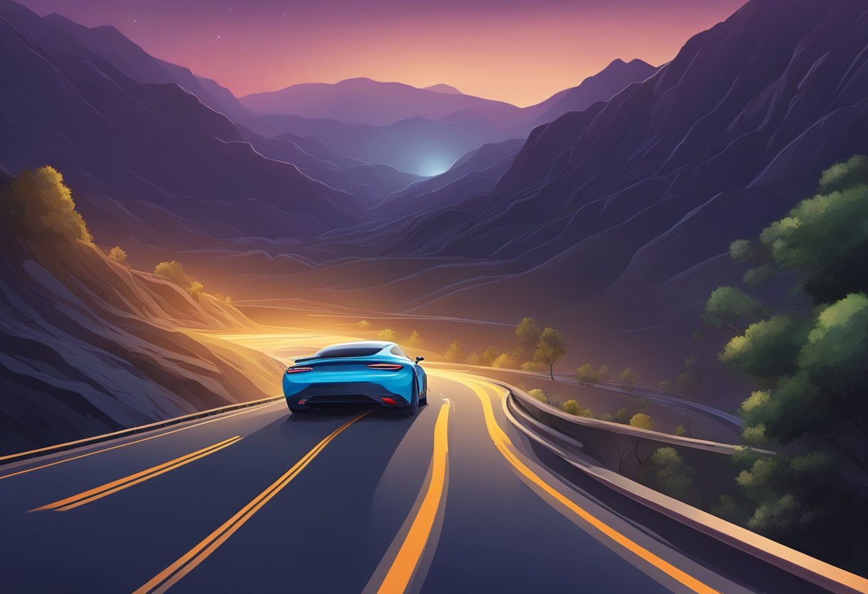 A speeding car approaching a sharp turn on a deserted mountain road at night