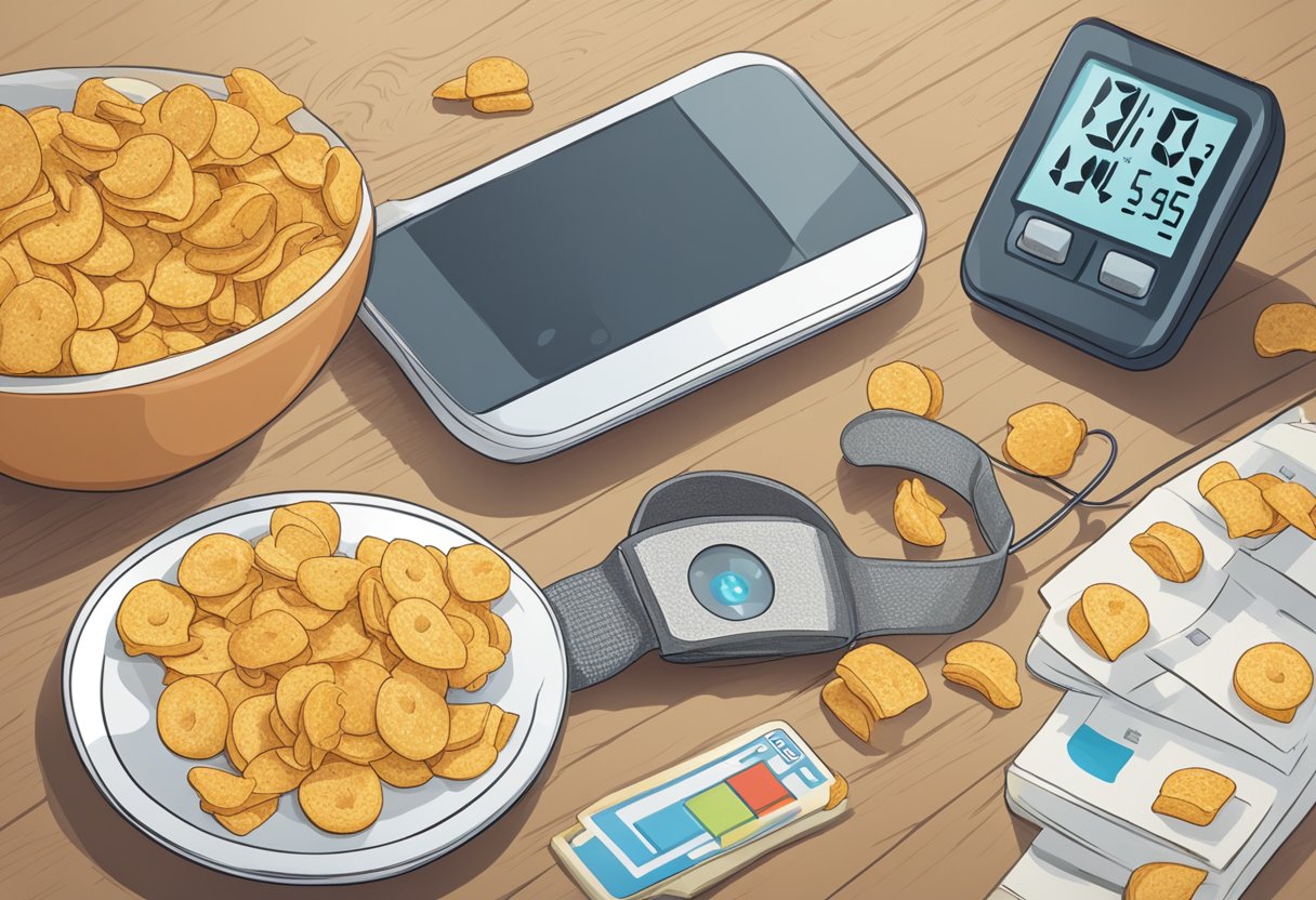 A plate of salty snacks next to a heart rate monitor showing an elevated reading