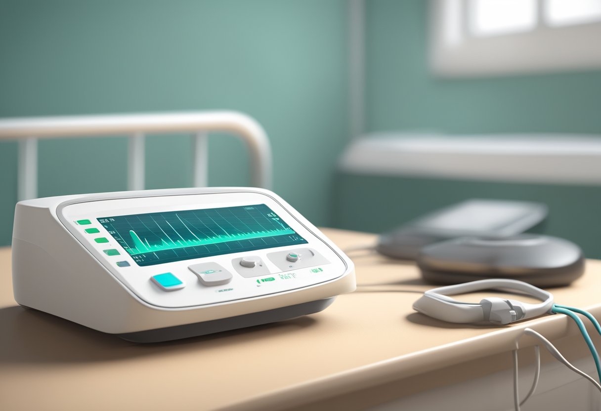 A foetal heart rate monitor displays a steady rhythm on a hospital bedside table