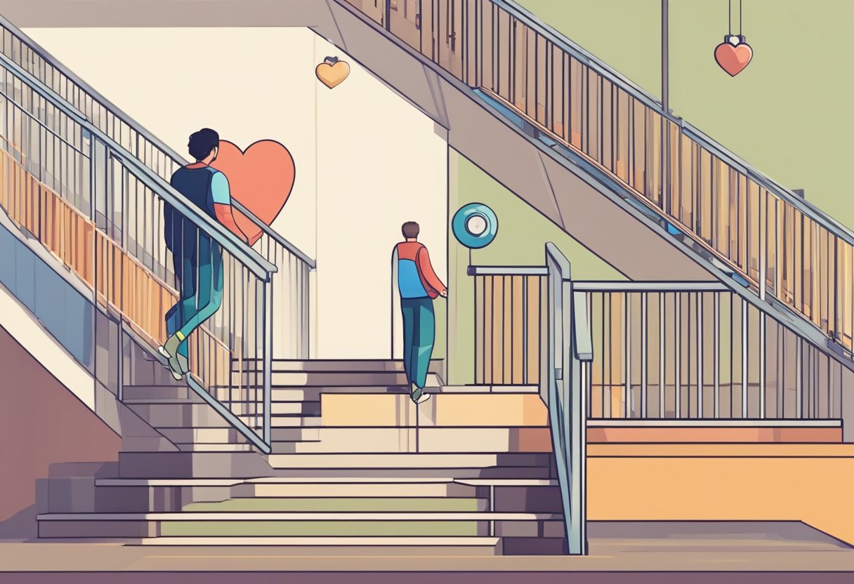 A person briskly climbs stairs, heart rate monitor visible, showing an elevated but normal heart rate. The surroundings indicate exercise, such as a gym or outdoor staircase