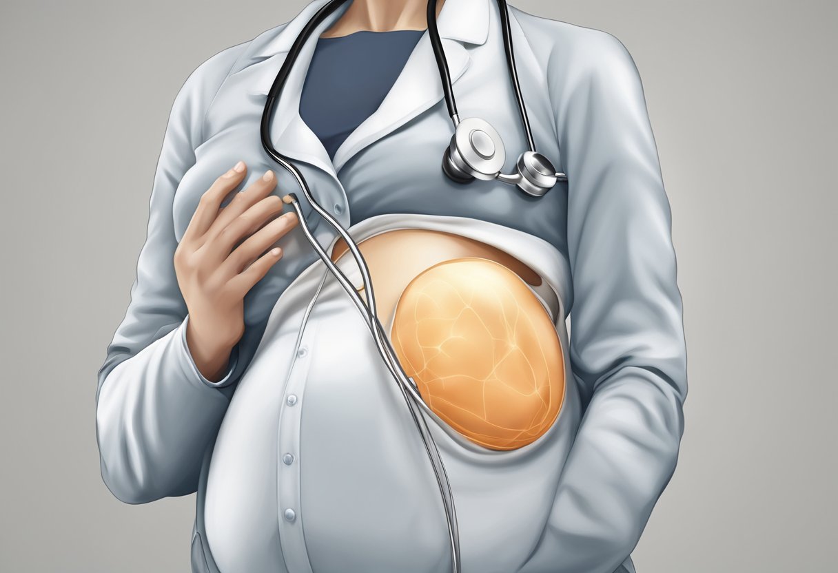 A stethoscope placed on a pregnant abdomen, capturing the sound of the foetal heart rate