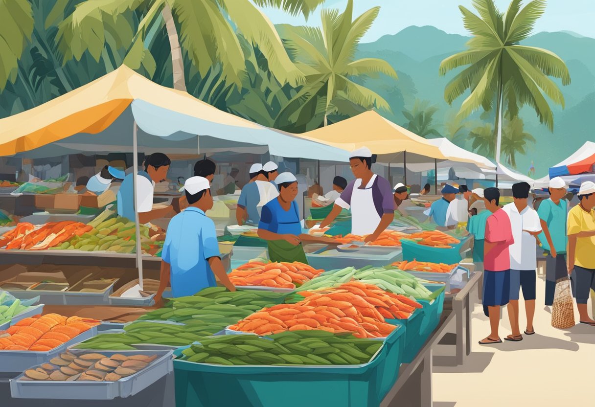 A bustling seafood market in Teluk Bahang, with colorful displays of fresh fish, crabs, and prawns. Customers haggle with vendors under the shade of palm trees