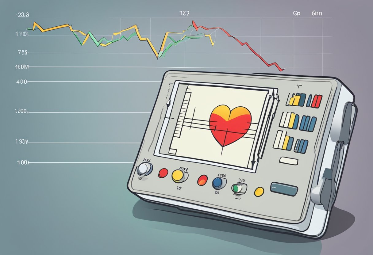 A heart monitor displays erratic ECG readings, with sharp spikes indicating palpitations