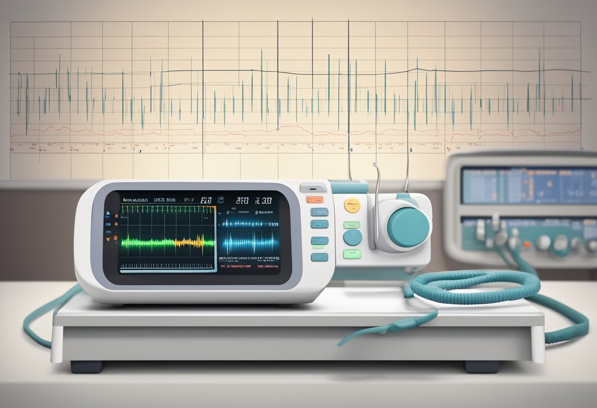 A fetal heart rate monitor displays a steady rhythm on a hospital bed, with medical equipment and charts in the background