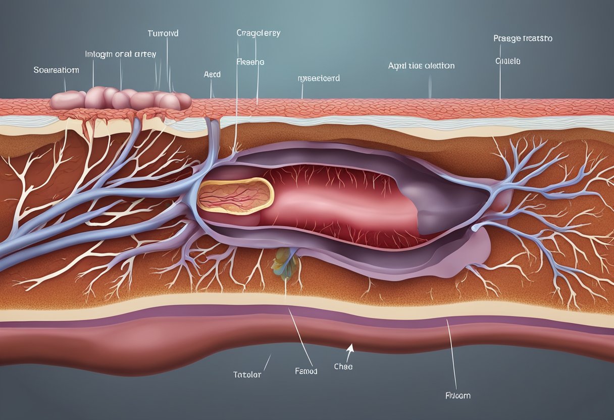 A clogged artery with plaque buildup causing restricted blood flow