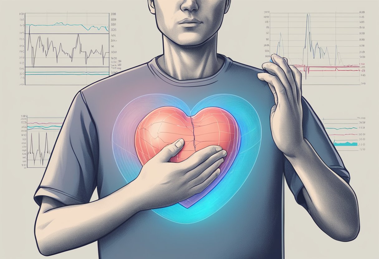 A heart monitor displays irregular ECG waves, while a person holds their chest in discomfort