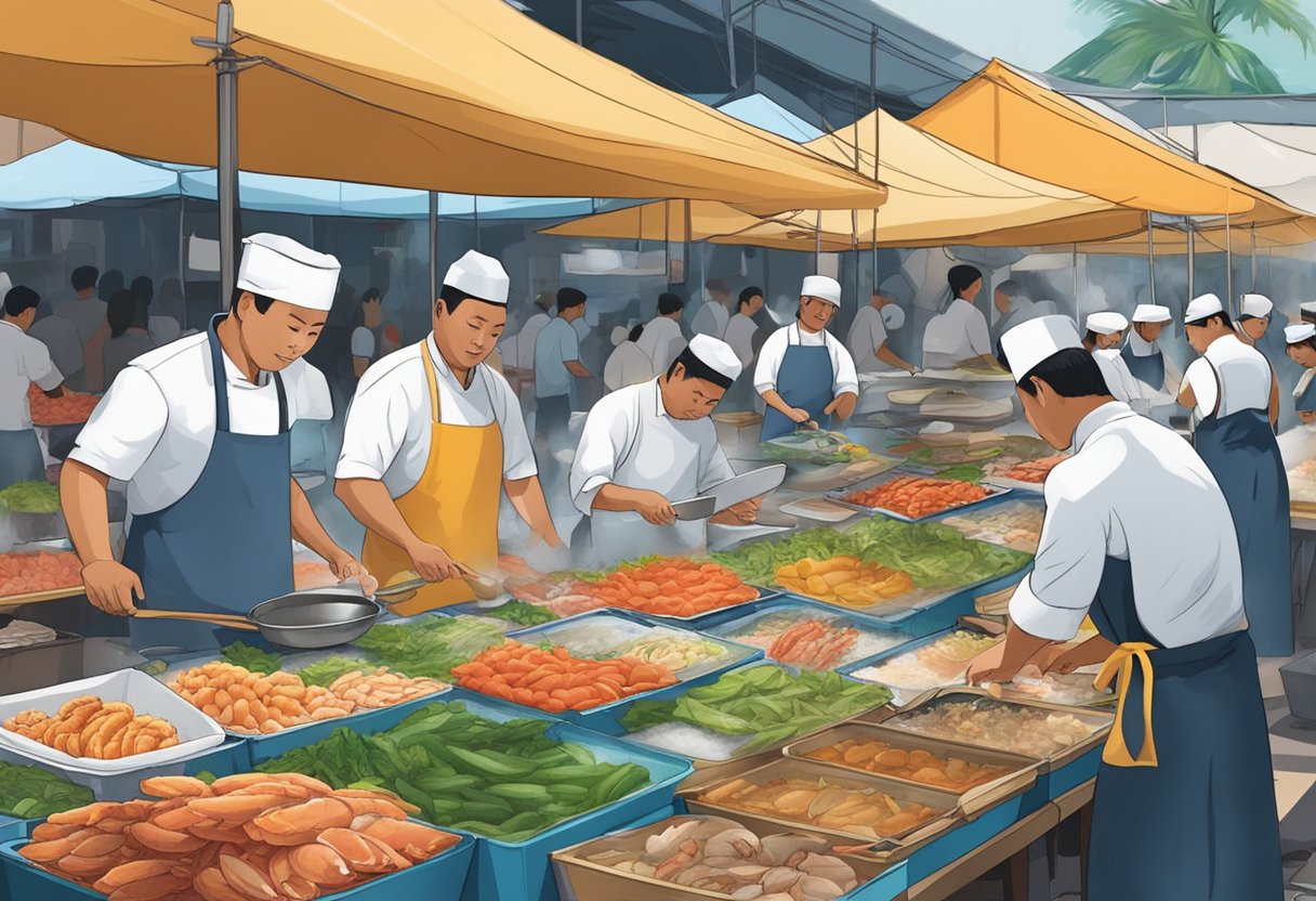 A bustling seafood market with colorful stalls, fresh catches on ice, and chefs expertly preparing signature dishes in Teluk Bahang, Singapore