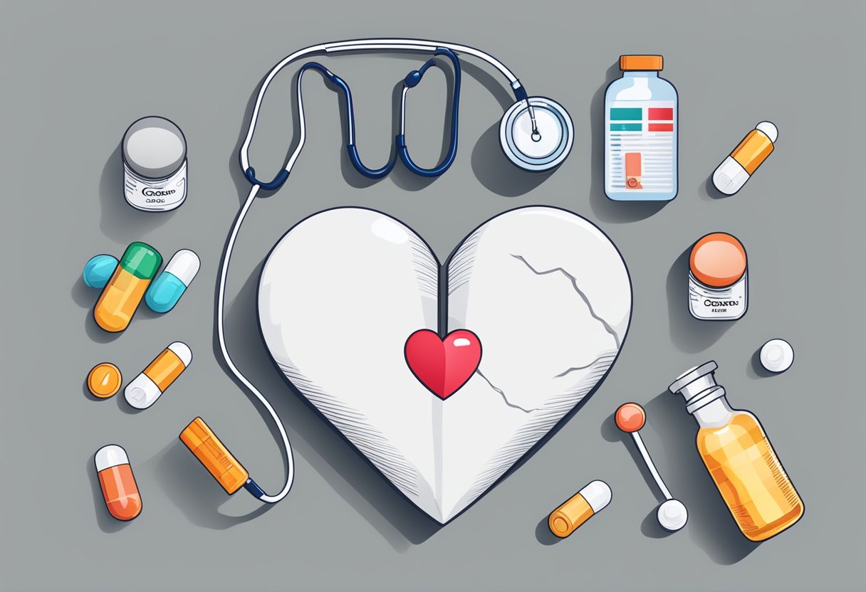A heart with a crack down the center, surrounded by a pill bottle labeled "Coreg" and a stethoscope