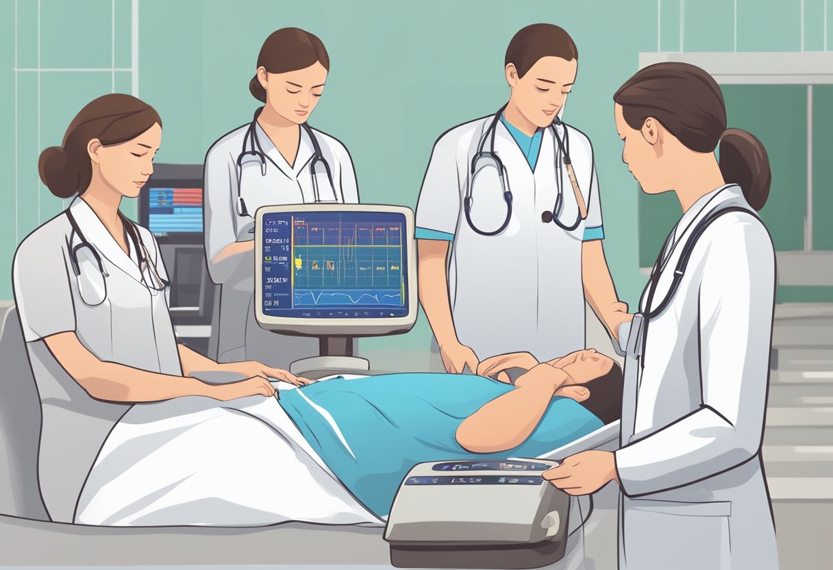 A fetal heart rate monitor displays a low reading at 6 weeks gestation. Medical staff observe and discuss the situation