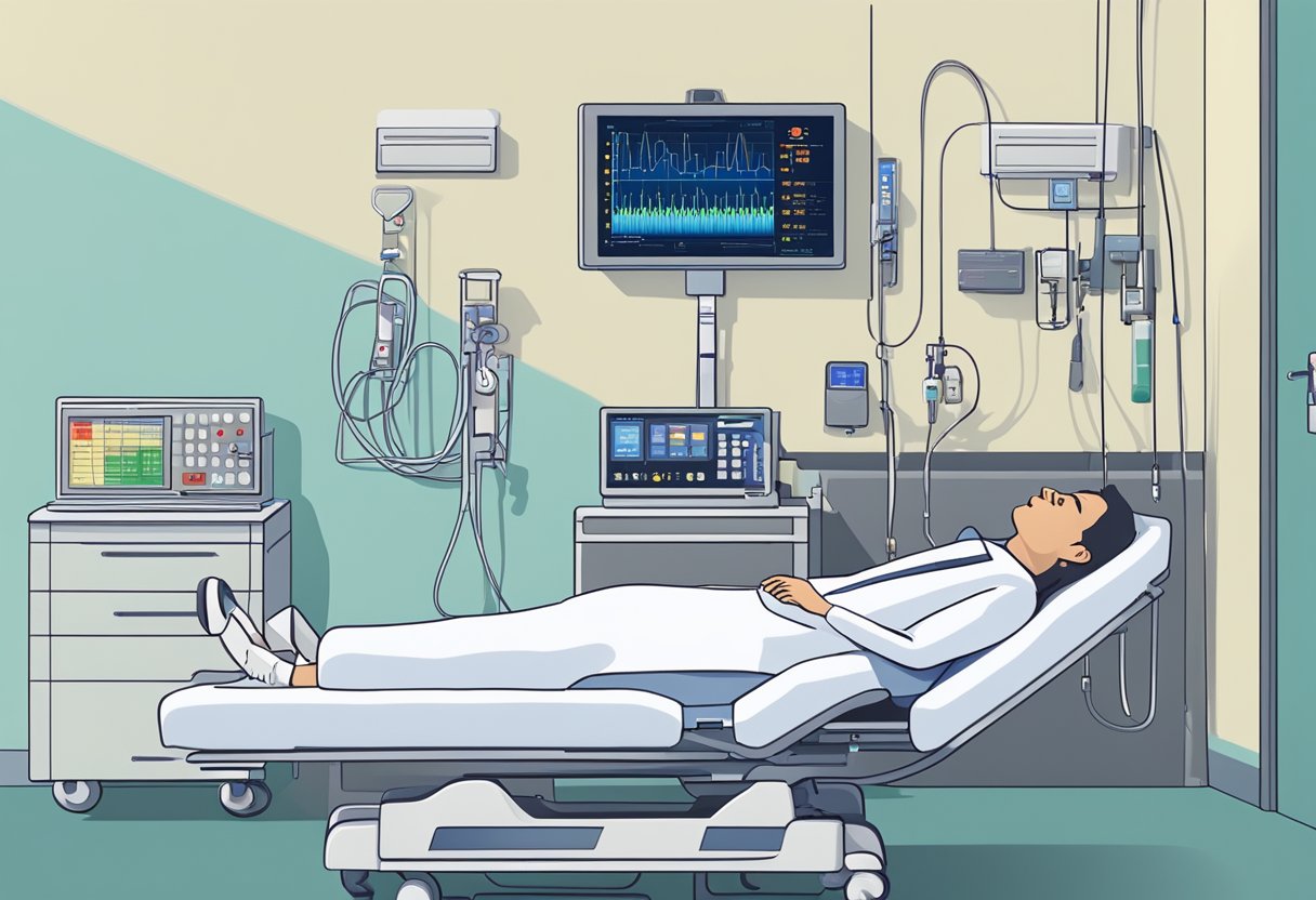 A person lying on a hospital bed with medical equipment around them, including an ECG machine displaying heart palpitations