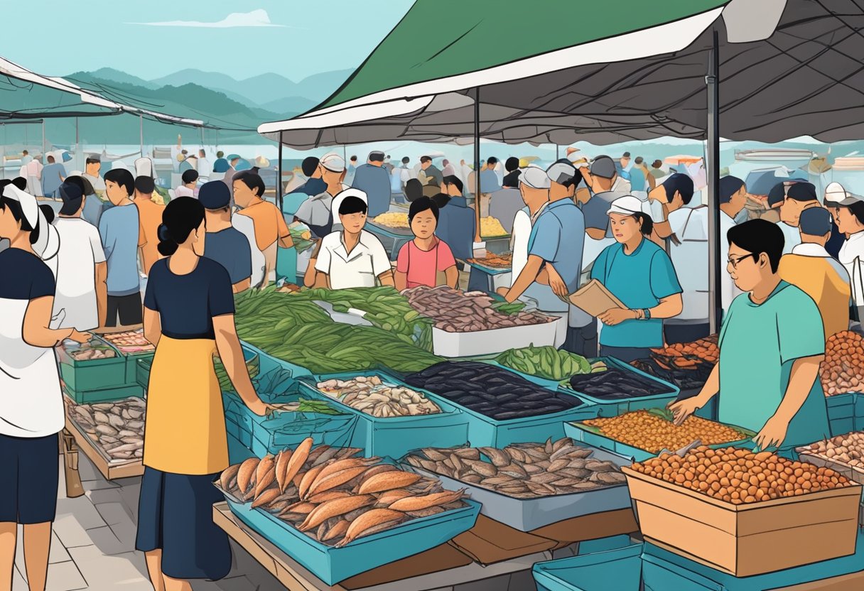 A bustling seafood market in Teluk Bahang, Singapore, with vendors answering frequently asked questions from customers