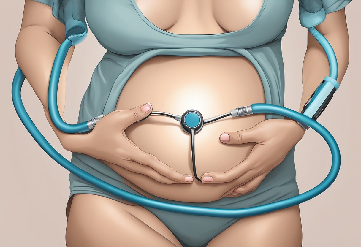 A stethoscope placed on a pregnant belly, capturing the sound of a foetal heart rate
