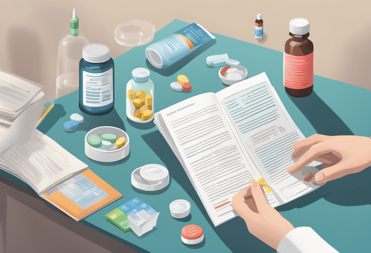 A hand reaches for a bottle of Coreg medication, while a pamphlet on heart failure treatment and side effects lies open on the table