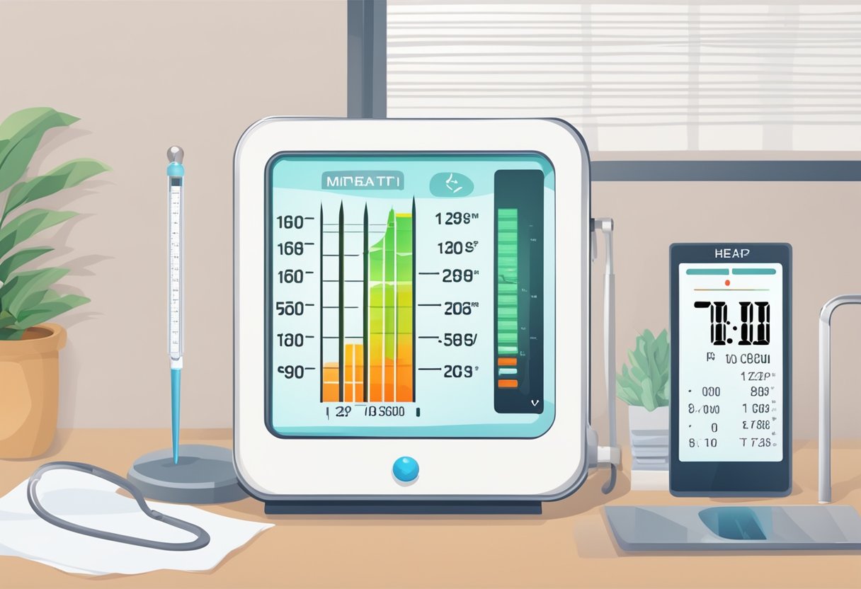 A thermometer showing a high temperature, a heart rate monitor displaying an elevated heart rate, and a medical chart with data on fever and heart rate