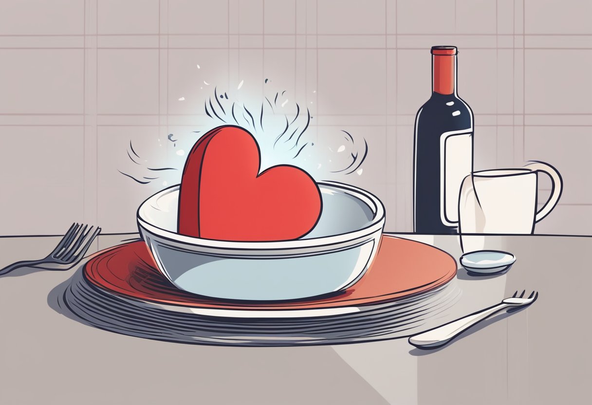 A person's heart beats rapidly after eating, with a red, pulsating heart symbolizing the increased heart rate. The background could include a dining table or food to convey the concept of eating