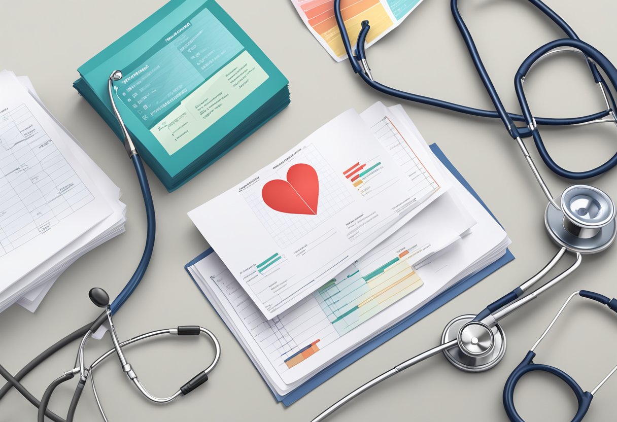A stack of FAQ cards on heart failure, with a stethoscope and heart-shaped diagram