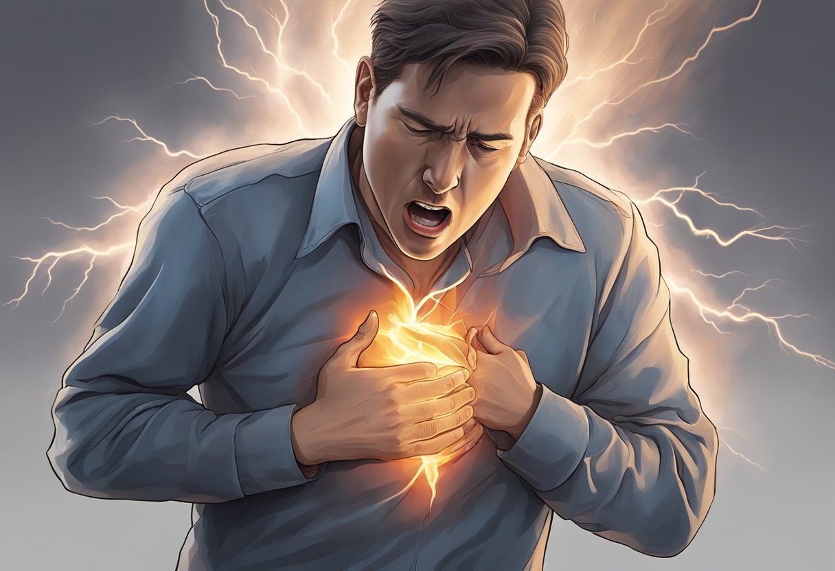 A sudden, intense heart attack strikes, with lightning-like pain and gripping pressure in the chest. The victim clutches their chest, gasping for air as the attack takes hold