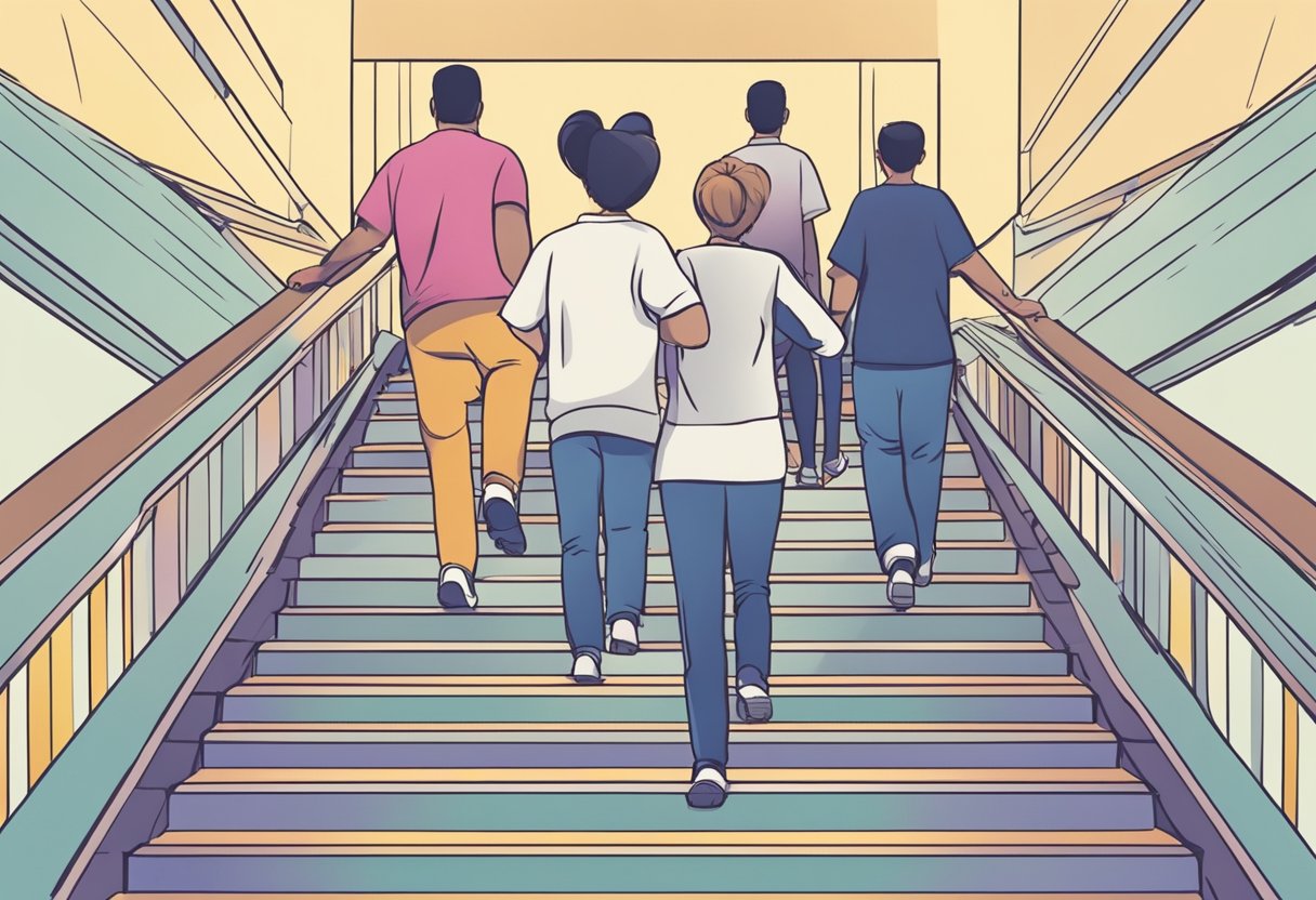 People ascending stairs, heart rate increases, chest area pulsates rhythmically