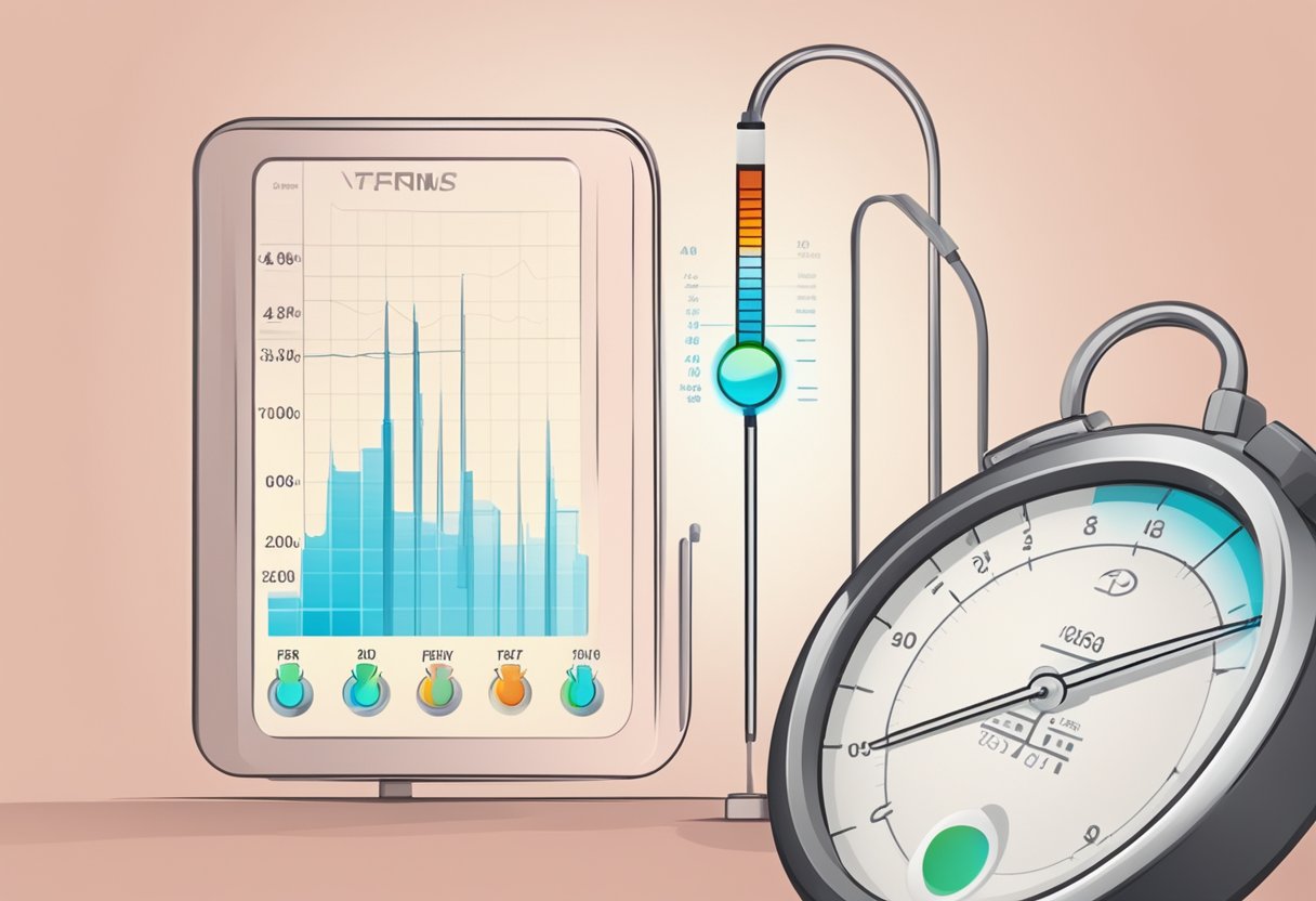 A thermometer showing a high temperature, a heart rate monitor displaying an elevated heart rate, and a chart linking fever to increased heart rate