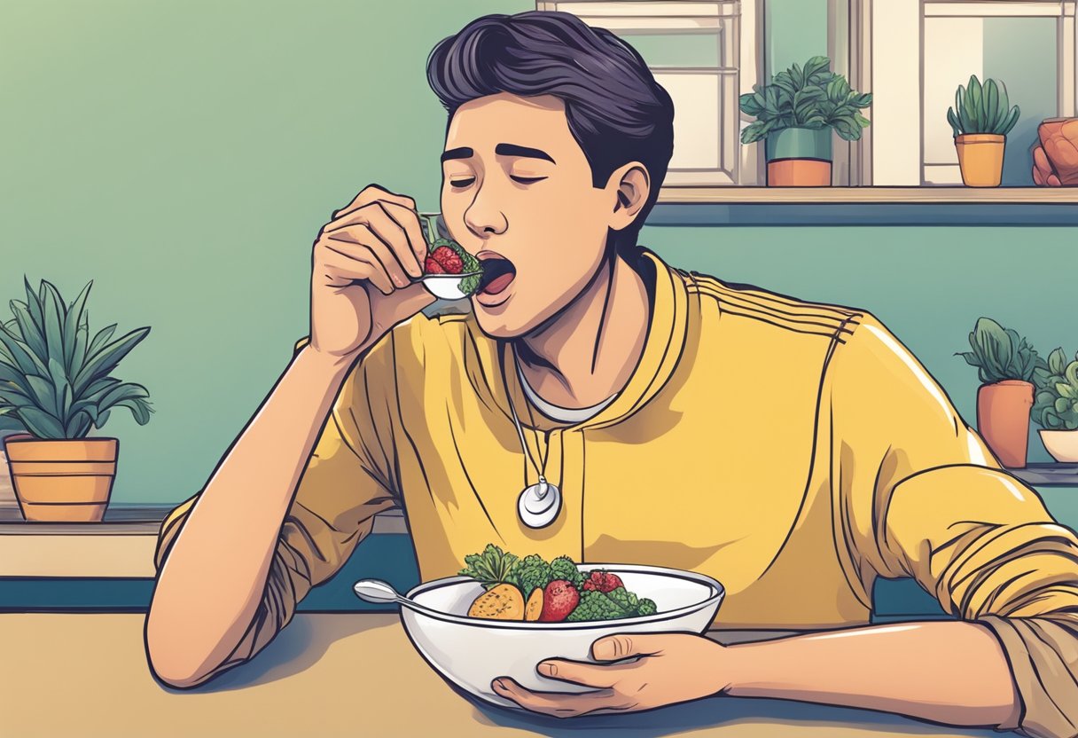 A person eating and then feeling their heart beating rapidly
