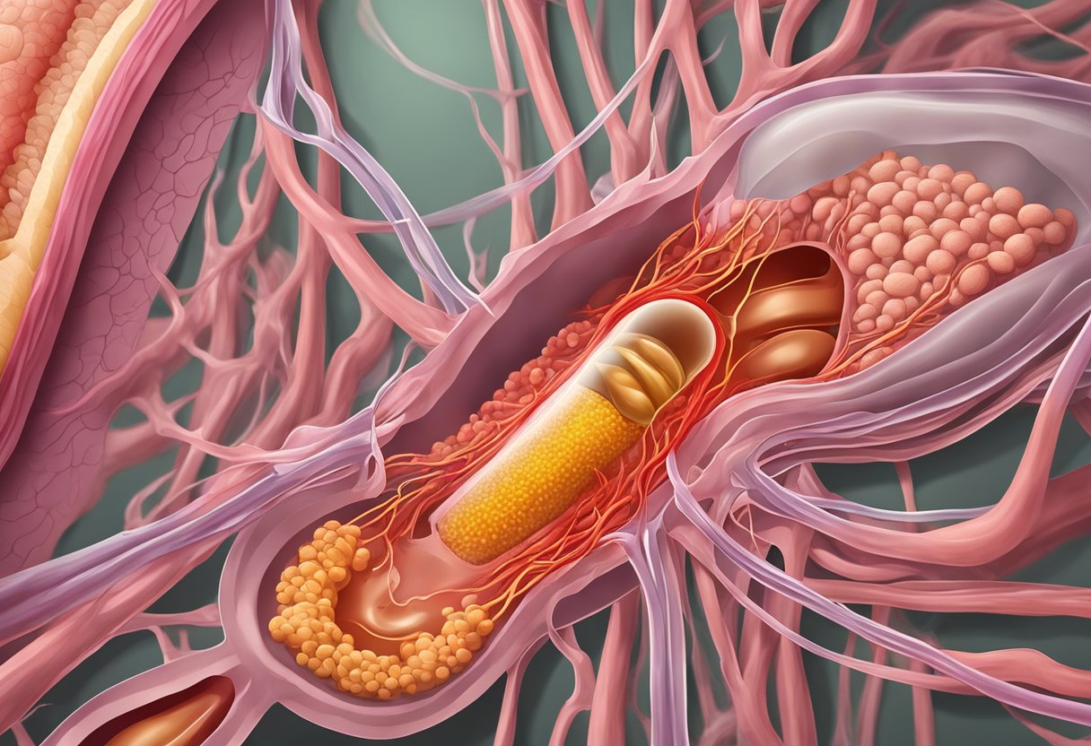 A clogged artery with plaque buildup, restricting blood flow