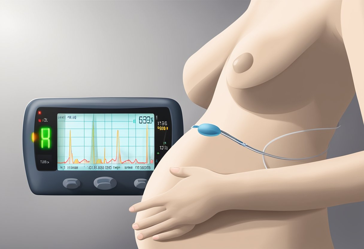 A fetal heart rate monitor is placed on a pregnant woman's abdomen, displaying the heartbeat of the 7-week-old fetus