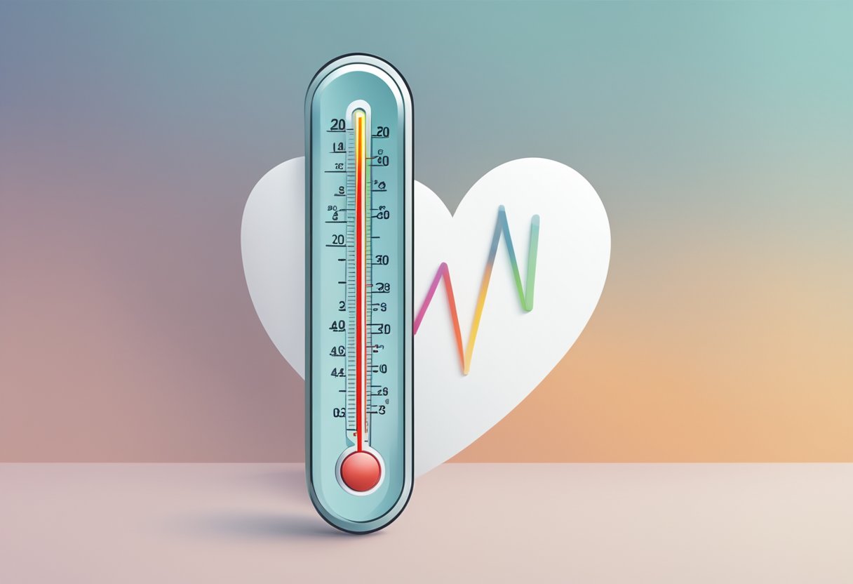 A thermometer displaying a high temperature, a heart rate monitor showing an elevated pulse, and a question mark symbolizing uncertainty