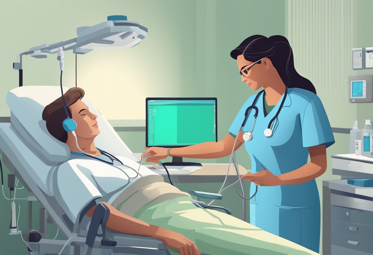 A nurse monitors vital signs and administers medication to a patient with heart failure in a hospital room