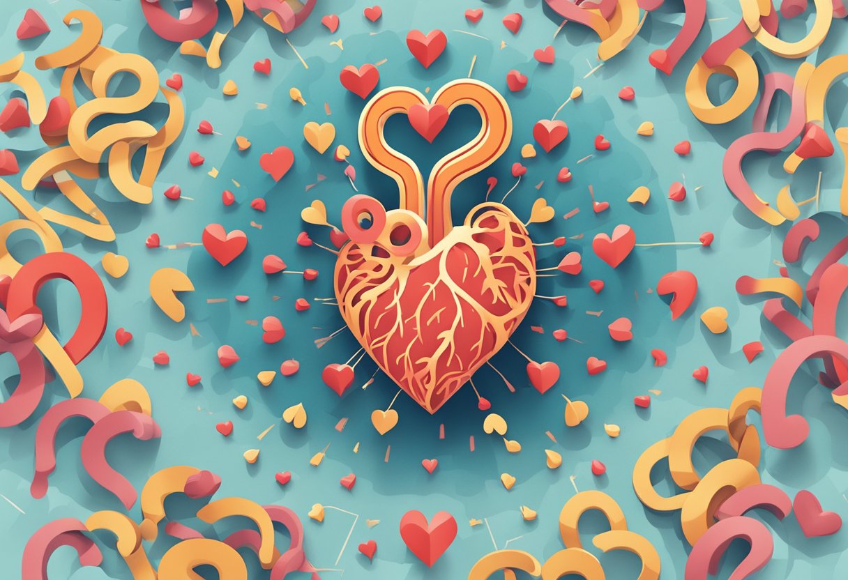 A heart surrounded by question marks, representing confusion about the causes of coronary heart disease