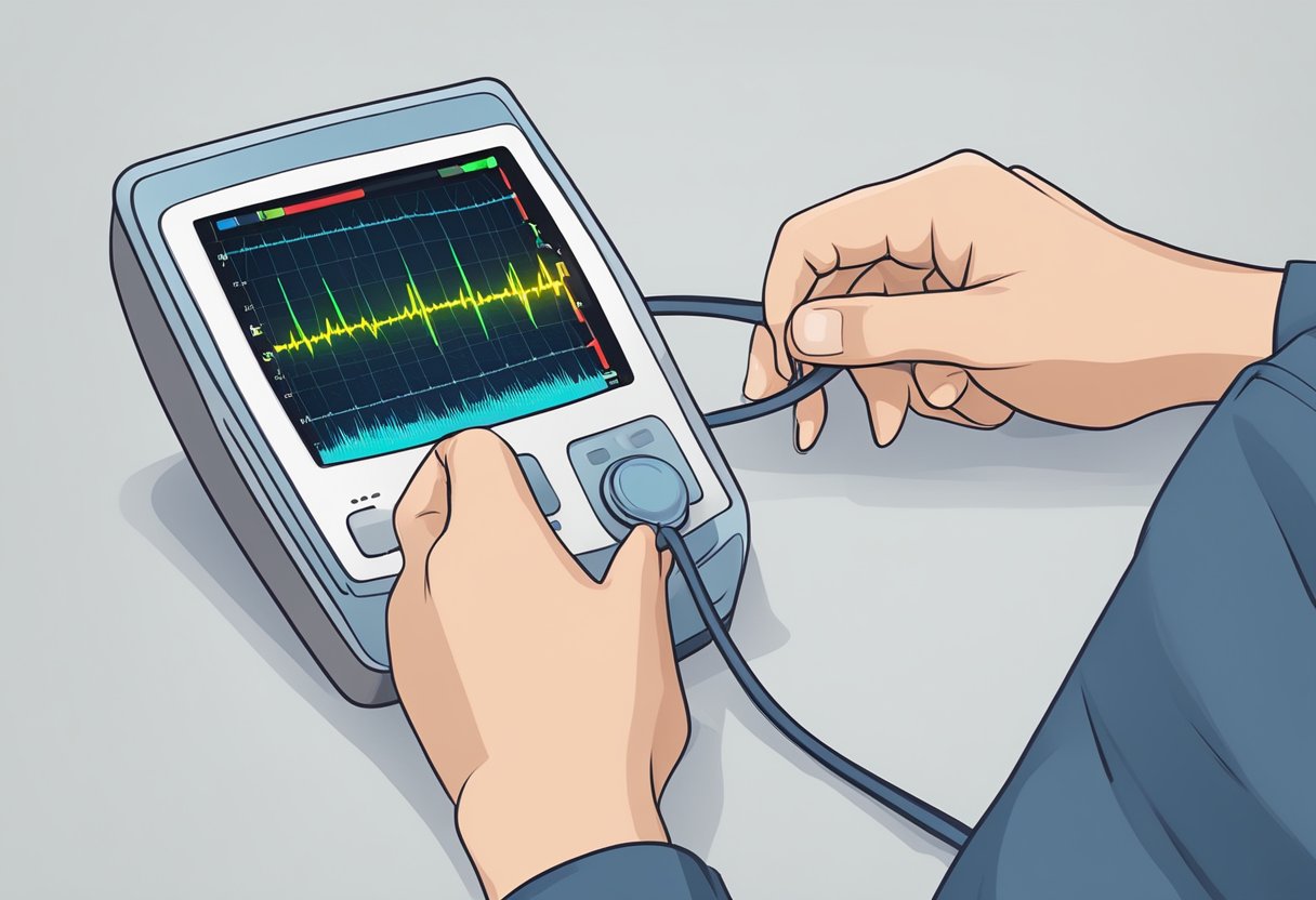 A person's hand holding an ECG monitor displaying irregular heartbeats