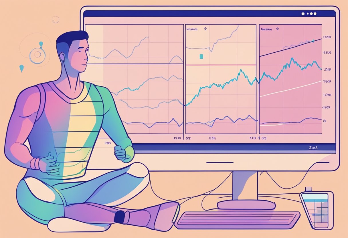 A heart rate monitor displays fluctuating patterns. A chart shows HRV data being analyzed. An athlete exercises while wearing a HRV monitor