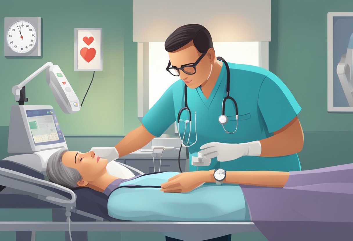 A nurse monitors vital signs and administers medication to a patient with heart failure in a hospital room