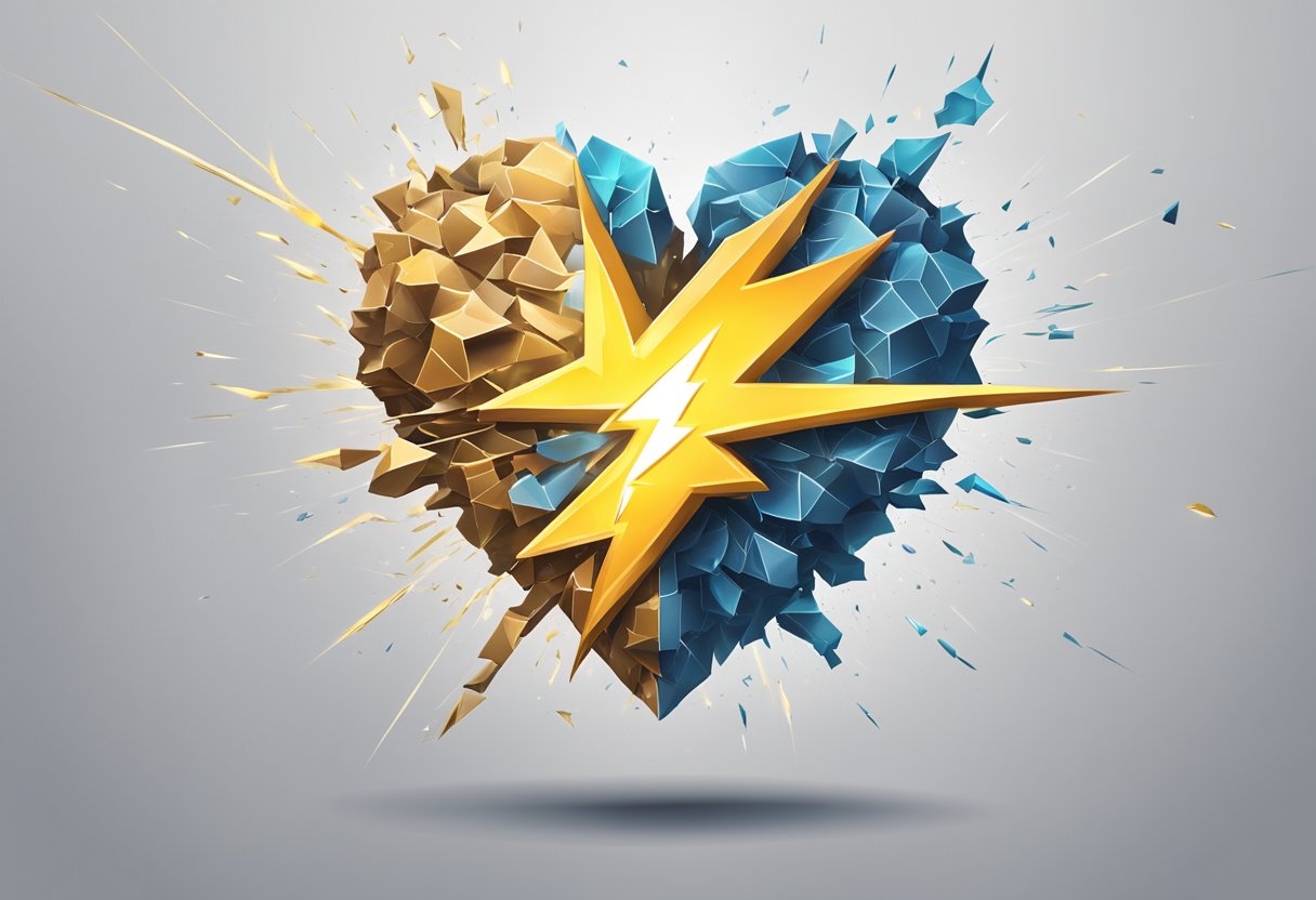A lightning bolt strikes a heart symbol, causing it to explode into fragments