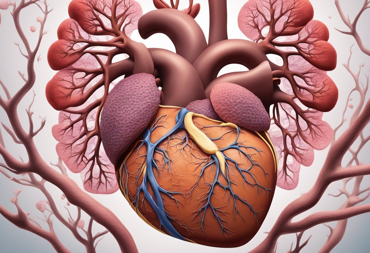 A heart with damaged muscle cells struggles to pump blood, causing fluid buildup in the lungs and body tissues