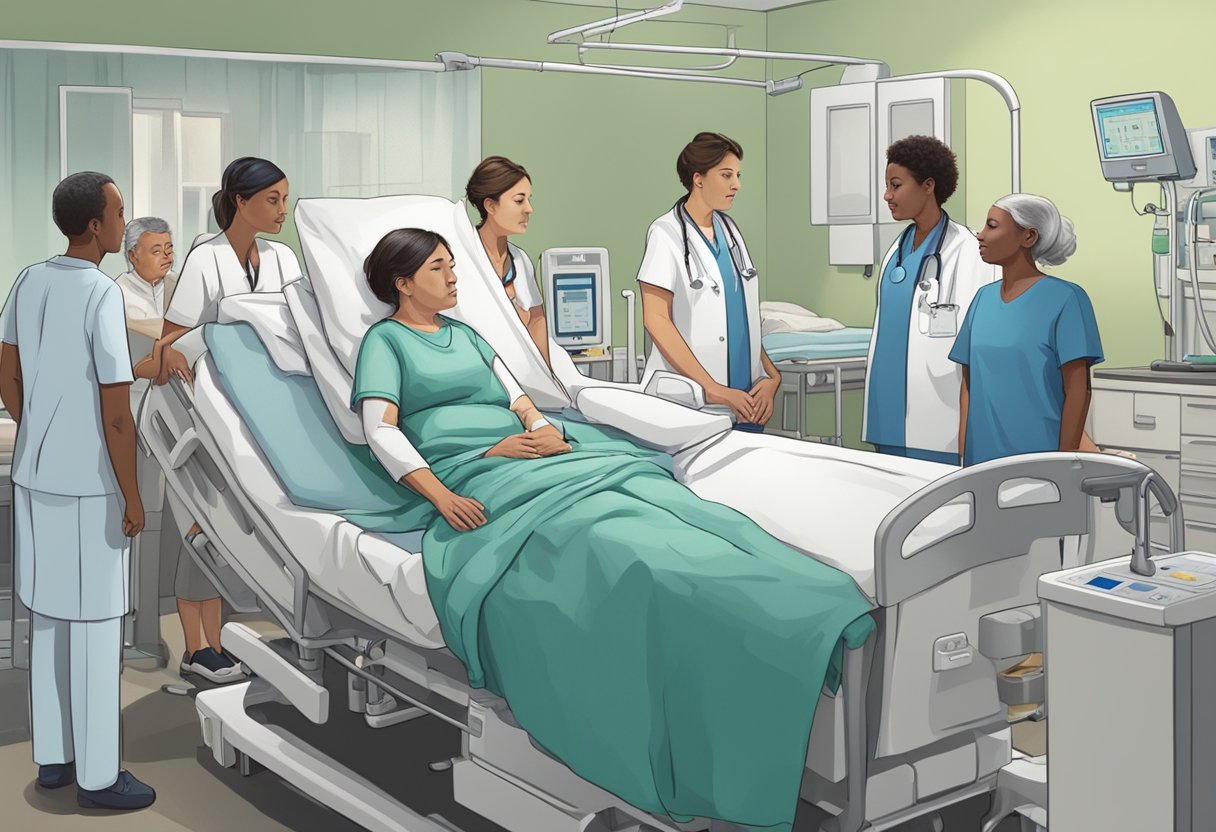 A person on a hospital bed, surrounded by medical equipment and supportive family members. The patient is sitting up, looking tired but hopeful, with a small smile on their face