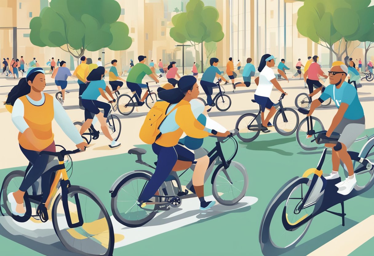 A group of people engaging in various physical activities like cycling, jogging, and yoga, with the HPB logo prominently displayed in the background
