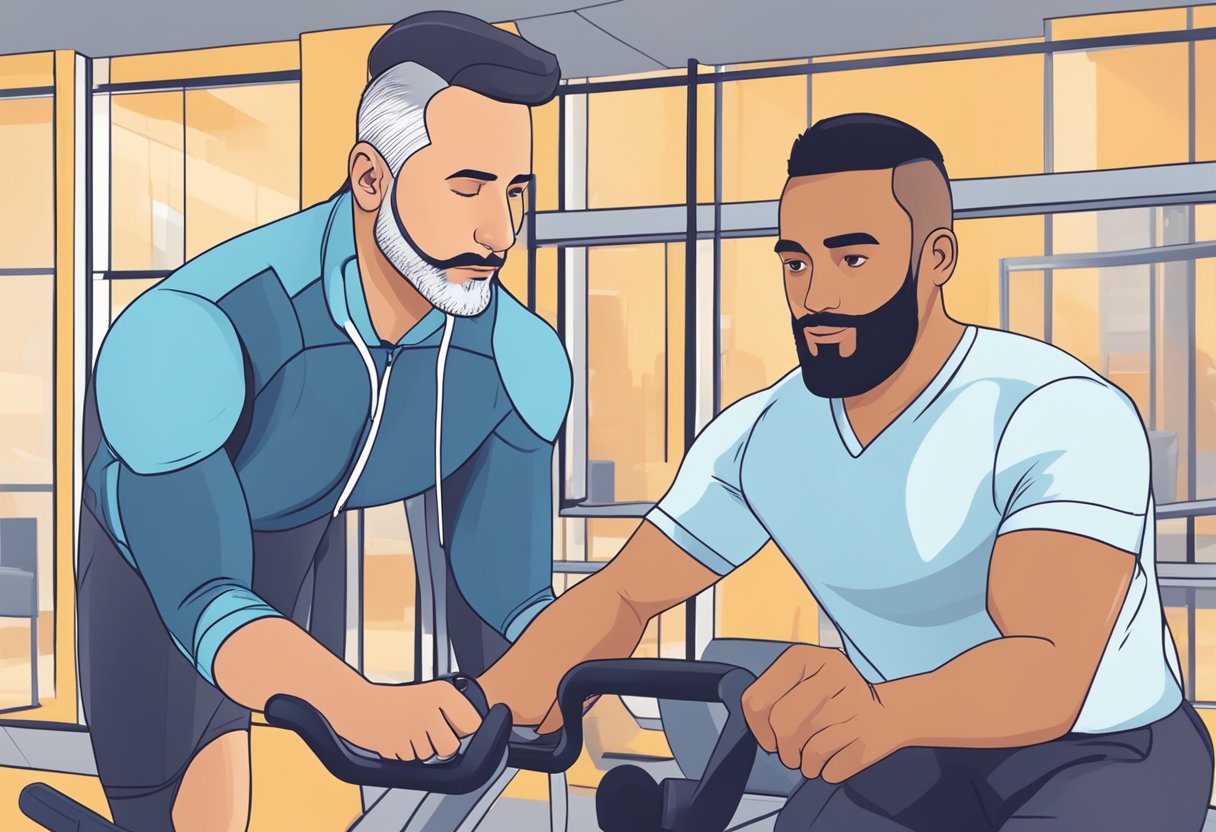 A person monitoring their heart rate while exercising in a gym, with a doctor reviewing their progress and providing guidance