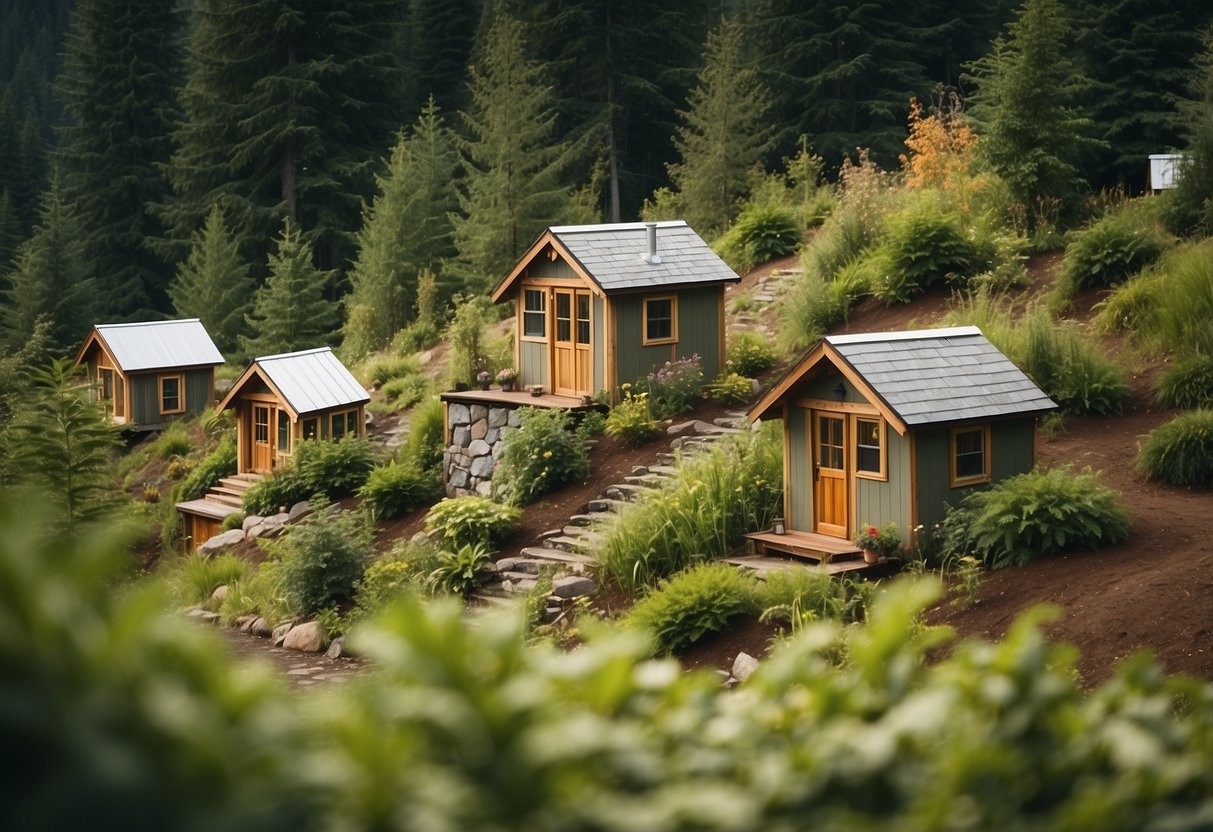 A cluster of tiny homes nestled among the lush greenery of Washington state, with winding pathways and communal gathering spaces