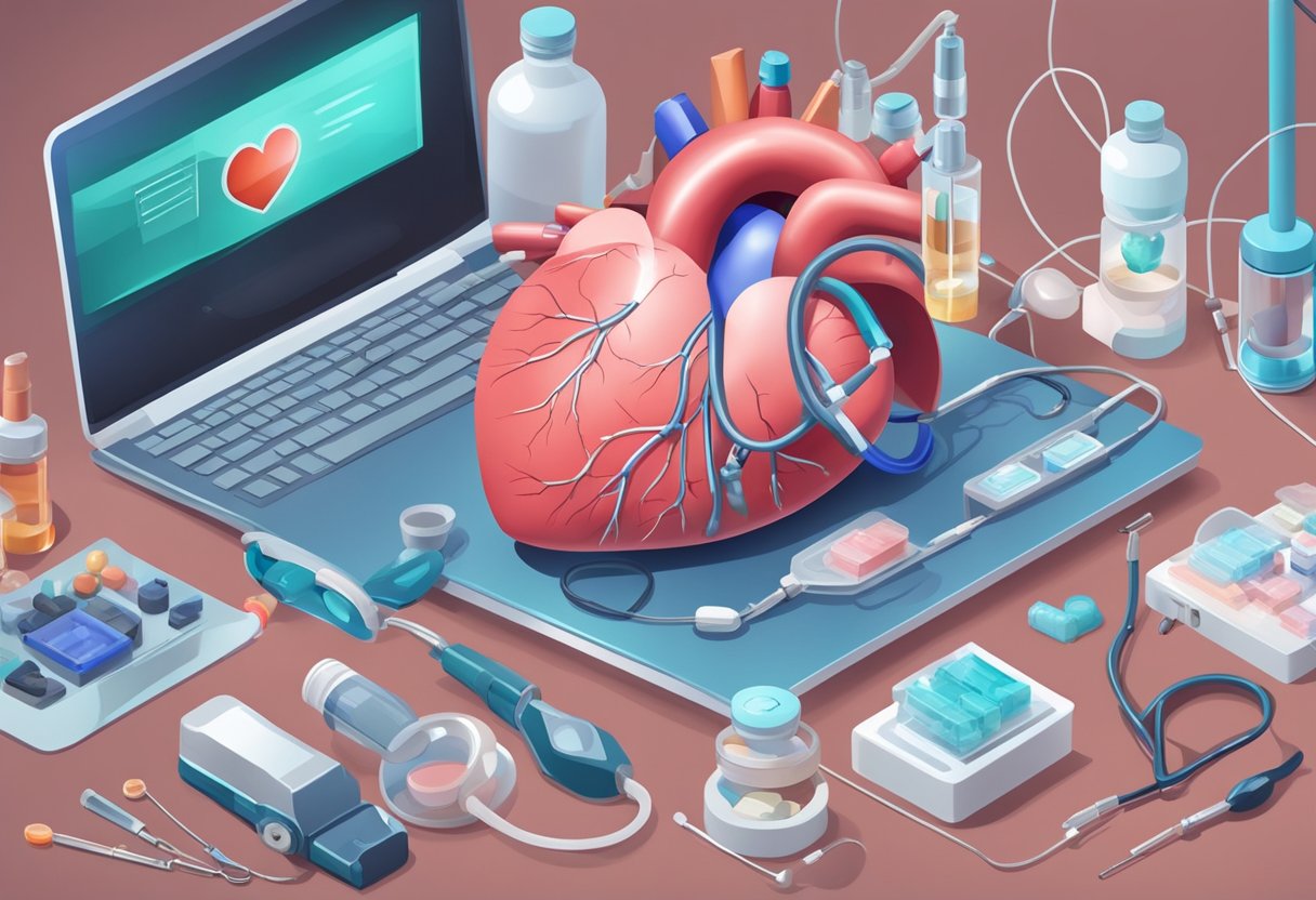 A heart with visible damage, surrounded by medical equipment and medication, being monitored by healthcare professionals